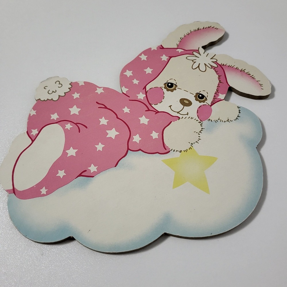 Vintage Bunny Wall Hanging Nursery Decor 10" Pink Star Pajamas Cloud White Pink